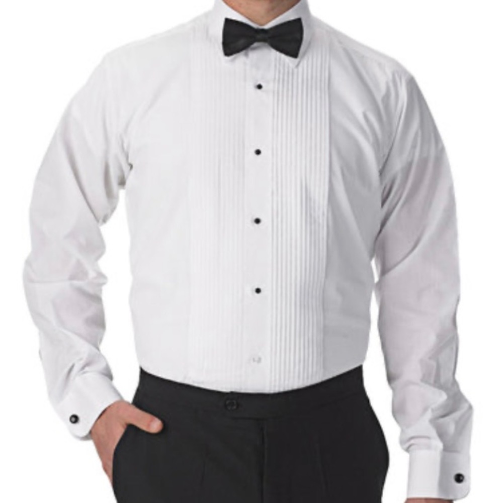 Brand new 2XL-3 lay down white pleated tuxedo shirt by Formal Shirts
